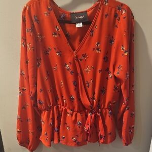Red Floral Faux Wrap Blouse Size XL